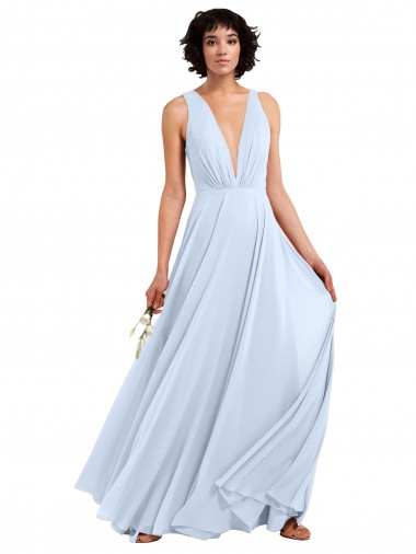 Helles Himmelblau A-Linien V-Ausschnitt Chiffon Lange Brautjungfernkleider Hersteller