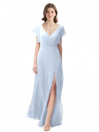 Helles Himmelblau A-Linien V-Ausschnitt Chiffon Lange Brautjungfernkleider Hersteller