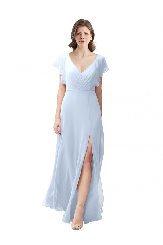 Helles Himmelblau A-Linien V-Ausschnitt Chiffon Lange Brautjungfernkleider Hersteller