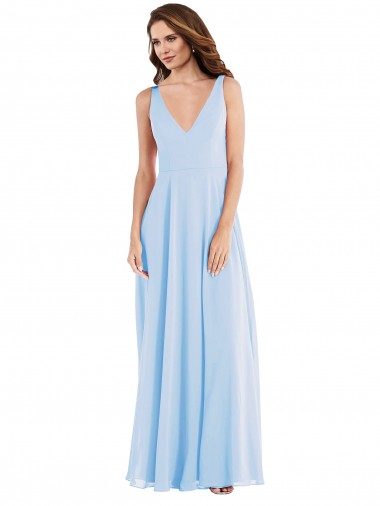 Helles Himmelblau A-Linien V-Ausschnitt Chiffon Lange Brautjungfernkleider Hersteller