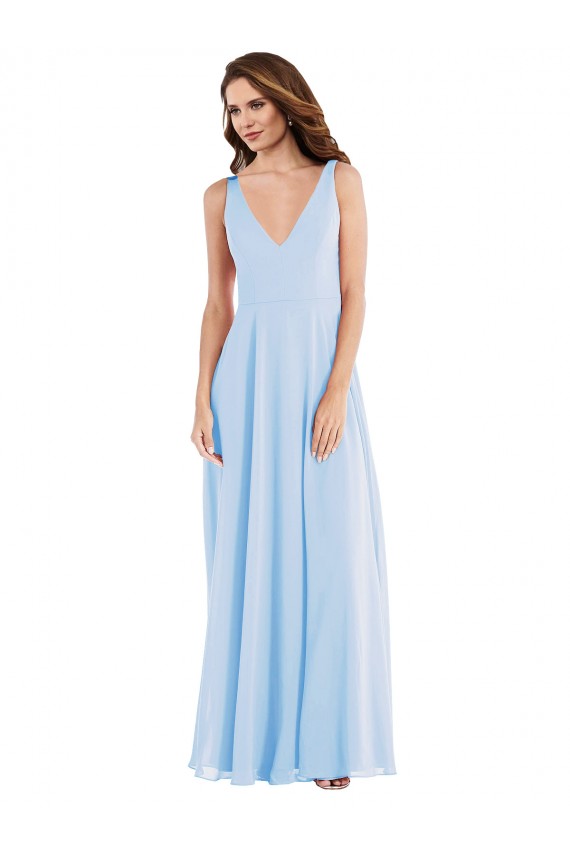 Helles Himmelblau A-Linien V-Ausschnitt Chiffon Lange Brautjungfernkleider Hersteller