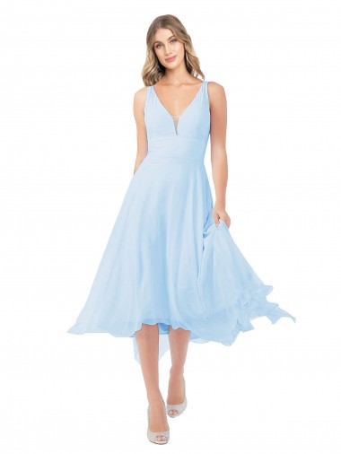 Helles Himmelblau A-Linien V-Ausschnitt Midi Chiffon Kurze Brautjungfernkleider / Cocktailkleider / Heimkehr Kleider Hersteller