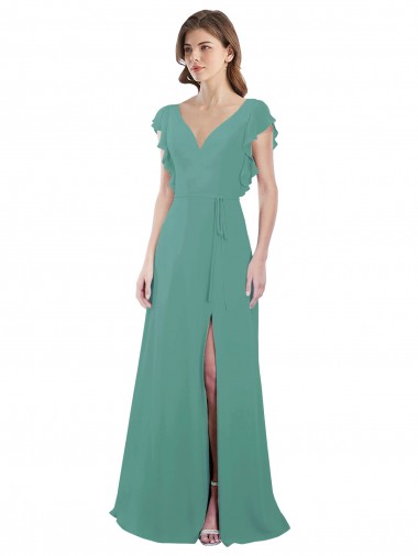 Isländisches Silber A-Linien V-Ausschnitt Chiffon Lange Brautjungfernkleider Hersteller