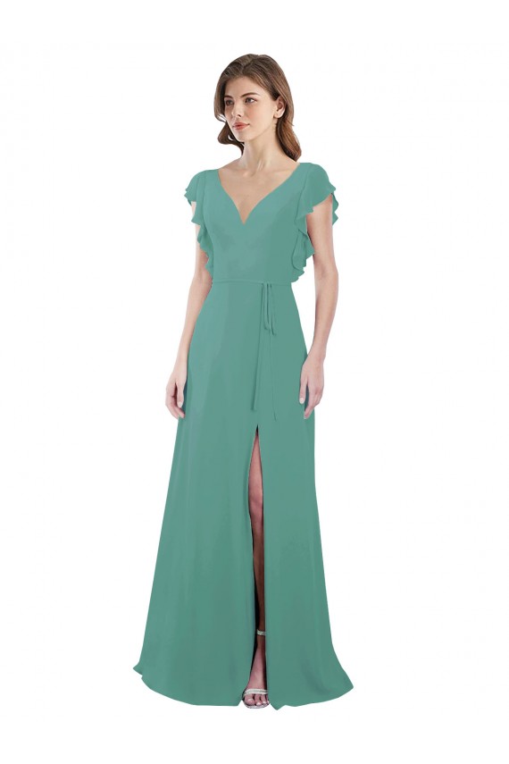 Isländisches Silber A-Linien V-Ausschnitt Chiffon Lange Brautjungfernkleider Hersteller