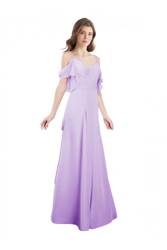 Lila A-Linien Off-Schulter Spaghetti-Träger Chiffon Lange Brautjungfernkleider Hersteller
