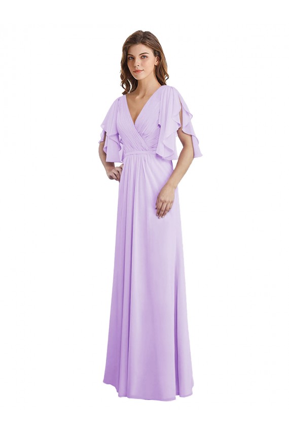Lila A-Linien V-Ausschnitt Chiffon Lange Brautjungfernkleider Hersteller
