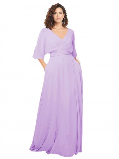 Lila A-Linien V-Ausschnitt Chiffon Lange Brautjungfernkleider Hersteller