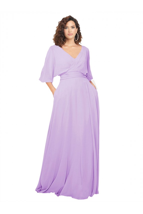 Lila A-Linien V-Ausschnitt Chiffon Lange Brautjungfernkleider Hersteller
