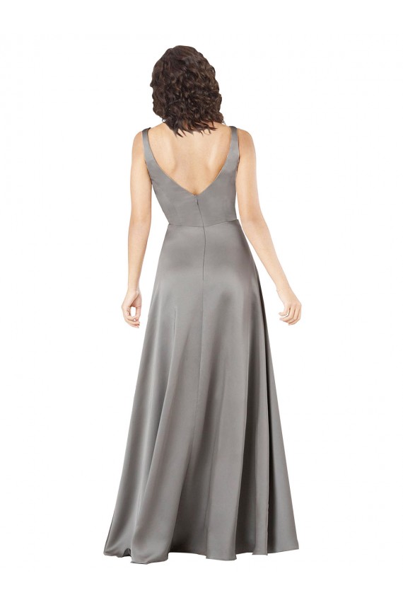 Pearl Grey A-Linien V-Ausschnitt Seidiger Satin Lange Formale Brautjungfernkleider / Abendkleider / Abiballkleider Hersteller