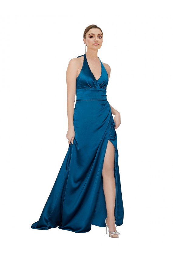 Pfauenblau A-Linien Neckholder Seidiger Satin Lange Formale Brautjungfernkleider / Abendkleider / Abiballkleider Hersteller