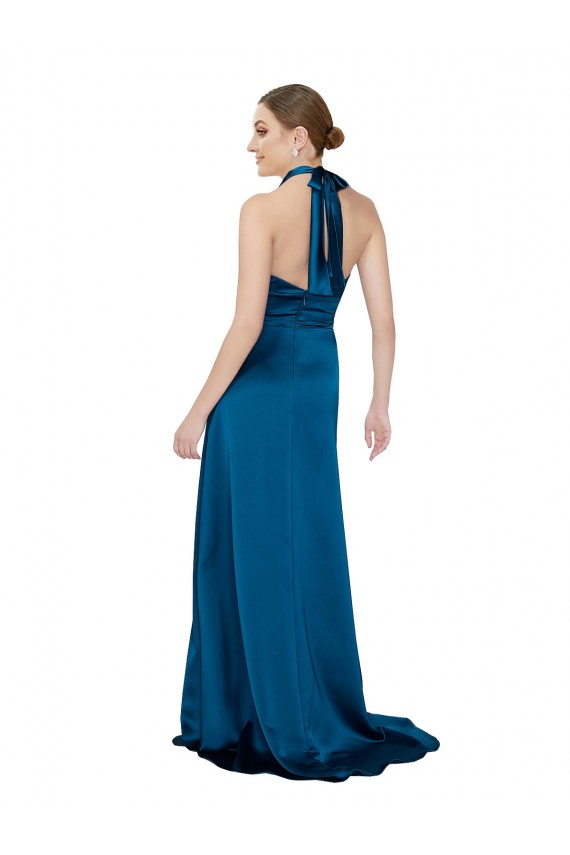 Pfauenblau A-Linien Neckholder Seidiger Satin Lange Formale Brautjungfernkleider / Abendkleider / Abiballkleider Hersteller