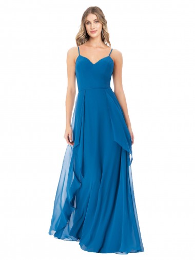 Pfauenblau A-Linien Spaghetti-Träger Chiffon Lange Brautjungfernkleider Hersteller