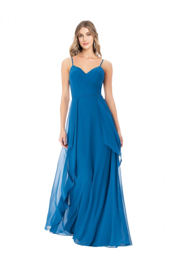Pfauenblau A-Linien Spaghetti-Träger Chiffon Lange Brautjungfernkleider Hersteller