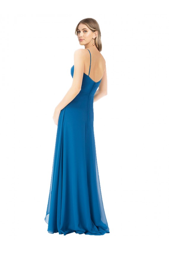 Pfauenblau A-Linien Spaghetti-Träger Chiffon Lange Brautjungfernkleider Hersteller