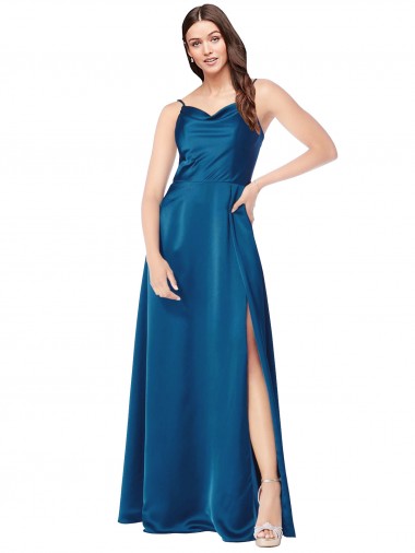 Pfauenblau A-Linien Spaghetti-Träger Haube Ausschnitt Seidiger Satin Lange Formale Brautjungfernkleider / Abendkleider / Abiballkleider Hersteller