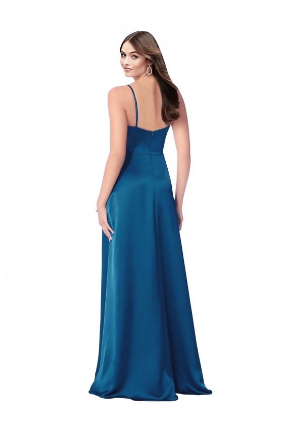 Pfauenblau A-Linien Spaghetti-Träger Haube Ausschnitt Seidiger Satin Lange Formale Brautjungfernkleider / Abendkleider / Abiballkleider Hersteller