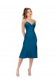 Pfauenblau A-Linien V-Ausschnitt Midi Seidiger Satin Kurze Brautjungfernkleider / Abiballkleider / Cocktailkleider / Heimkehr Kleider Hersteller