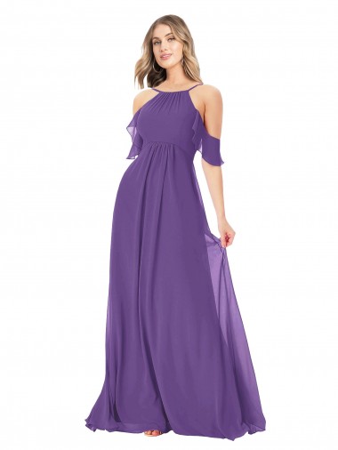 Pflaume Lila A-Linien Off-Schulter Stehkragen Ausschnitt Chiffon Lange Brautjungfernkleider Hersteller
