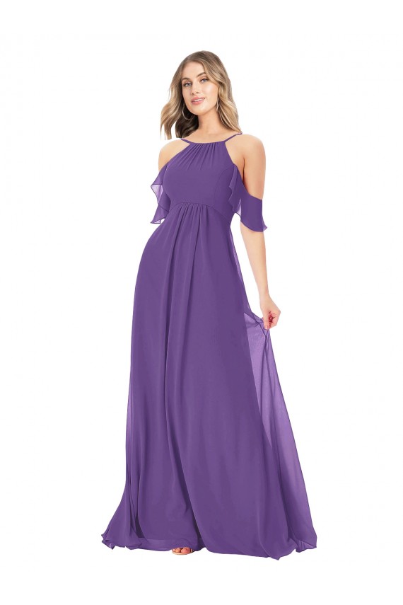 Pflaume Lila A-Linien Off-Schulter Stehkragen Ausschnitt Chiffon Lange Brautjungfernkleider Hersteller