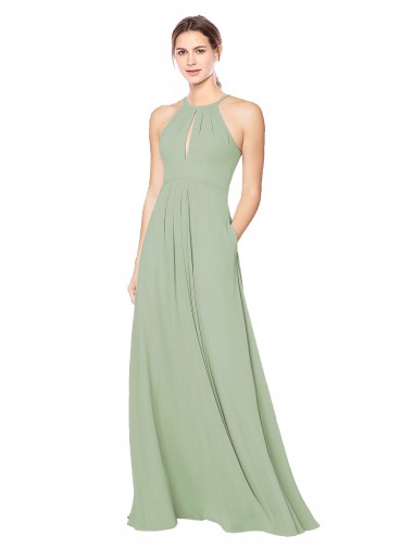 Rauchgrün A-Linien Neckholder Chiffon Lange Brautjungfernkleider Hersteller