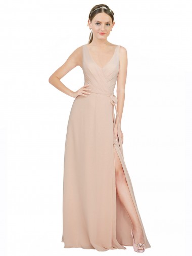 Rosa 114 A-Linien V-Ausschnitt Chiffon Lange Brautjungfernkleider Hersteller