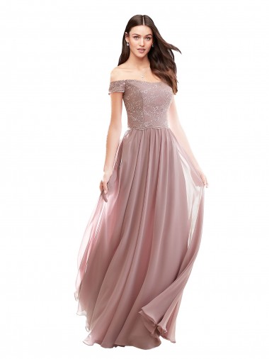 Rosa 147 A-Linien Off-Schulter Chiffon Spitze Lange Brautjungfernkleider Hersteller