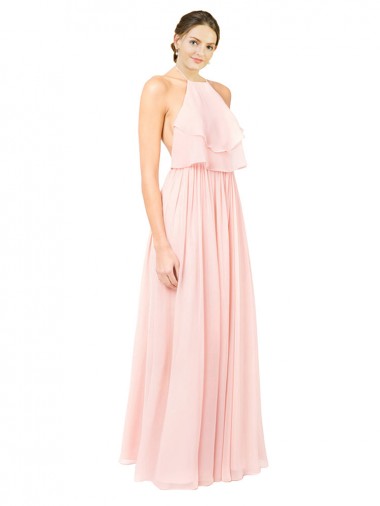 Rosa A-Linien Neckholder Chiffon Lange Brautjungfernkleider Hersteller