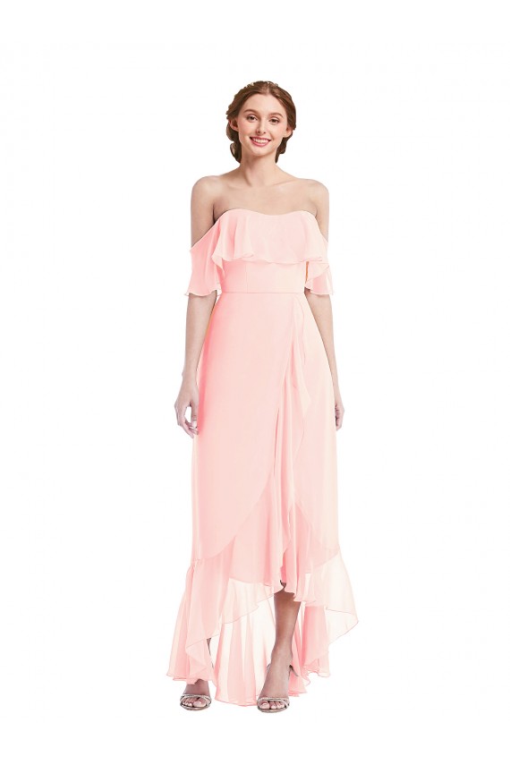 Rosa A-Linien Off-Schulter Chiffon Lange Brautjungfernkleider Hersteller