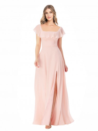 Rosa A-Linien Quadrat Ausschnitt Chiffon Lange Brautjungfernkleider Hersteller