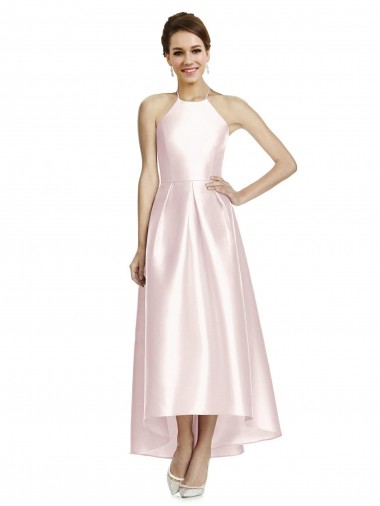 Rosa A-Linien Spaghetti-Träger Neckholder Satin Lange Brautjungfernkleider Hersteller