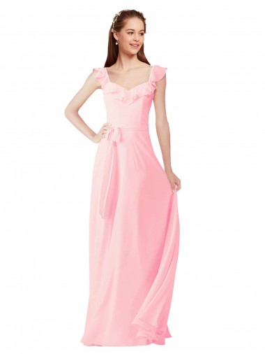 Rosa A-Linien V-Ausschnitt Chiffon Lange Brautjungfernkleider Hersteller