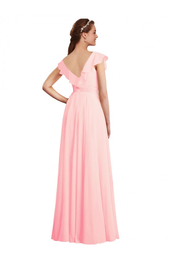 Rosa A-Linien V-Ausschnitt Chiffon Lange Brautjungfernkleider Hersteller