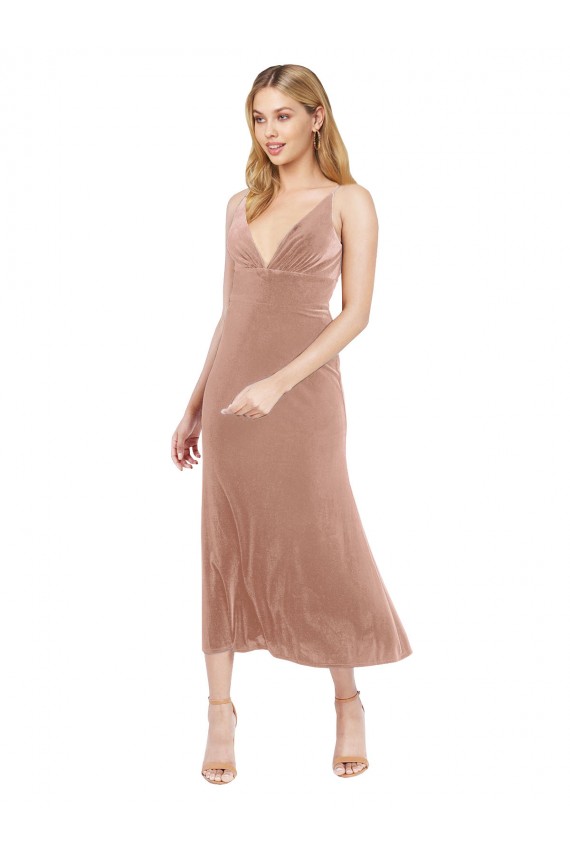 Rosa A-Linien V-Ausschnitt Midi Stretch-Samt Kurze Brautjungfernkleider / Abiballkleider / Cocktailkleider / Heimkehr Kleider Hersteller
