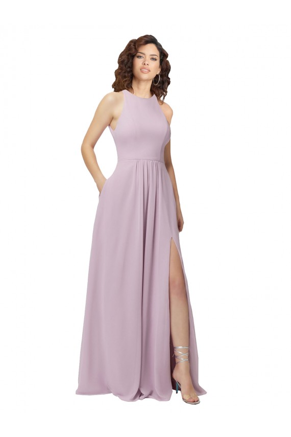Rosa Leuchten A-Linien Neckholder Stehkragen Ausschnitt Chiffon Lange Brautjungfernkleider Hersteller