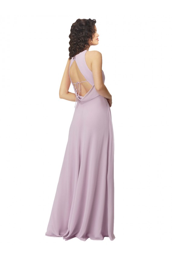 Rosa Leuchten A-Linien Neckholder Stehkragen Ausschnitt Chiffon Lange Brautjungfernkleider Hersteller