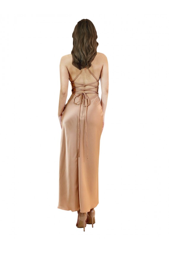 Roségold Etui Haube Ausschnitt Midi Seidiger Satin Kurze Formale Brautjungfernkleider / Abendkleider / Abiballkleider / Cocktailkleider / Heimkehr Kleider Hersteller