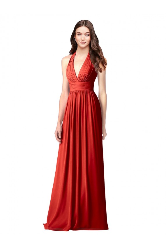 Rot A-Linien Neckholder V-Ausschnitt Chiffon Lange Brautjungfernkleider Hersteller