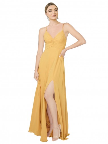 Safran A-Linien V-Ausschnitt Chiffon Lange Brautjungfernkleider Hersteller