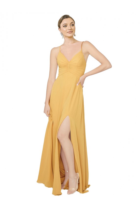Safran A-Linien V-Ausschnitt Chiffon Lange Brautjungfernkleider Hersteller