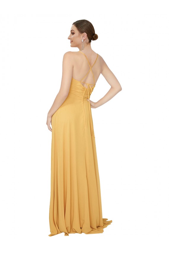 Safran A-Linien V-Ausschnitt Chiffon Lange Brautjungfernkleider Hersteller