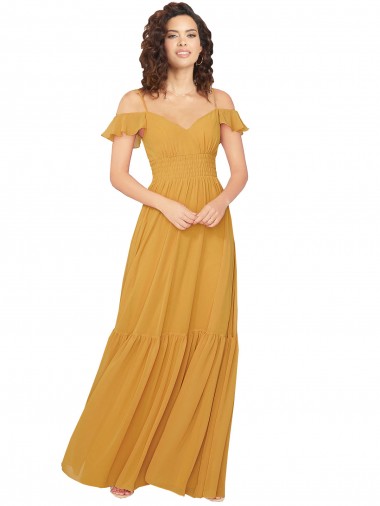 Safran A-Linien V-Ausschnitt Chiffon Lange Brautjungfernkleider Hersteller