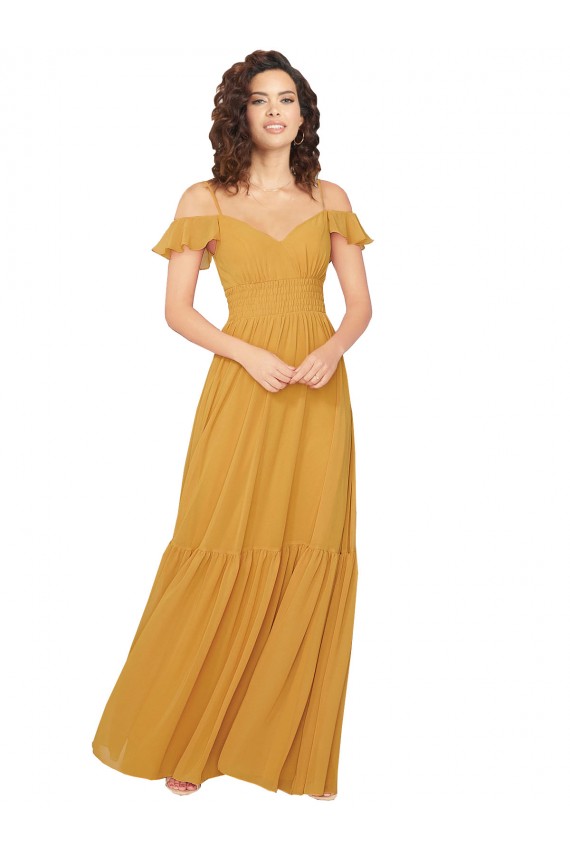 Safran A-Linien V-Ausschnitt Chiffon Lange Brautjungfernkleider Hersteller