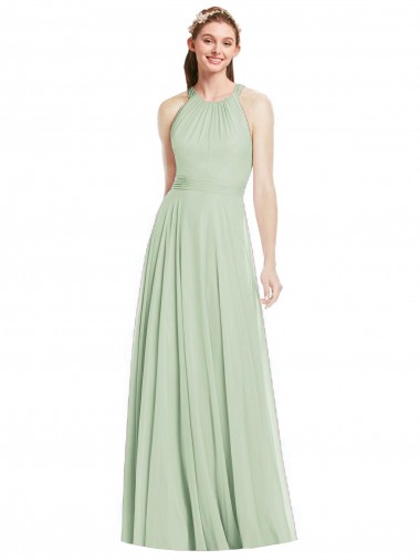 Salbeigrün A-Linien Neckholder Chiffon Lange Brautjungfernkleider Hersteller