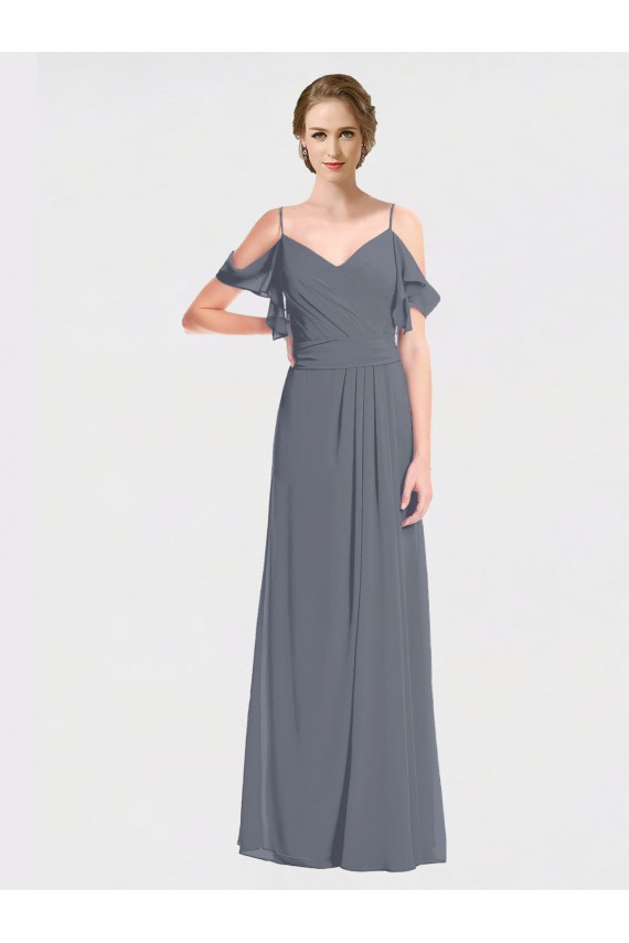 Schiefergrau A-Linien Off-Schulter V-Ausschnitt Chiffon Lange Brautjungfernkleider Hersteller