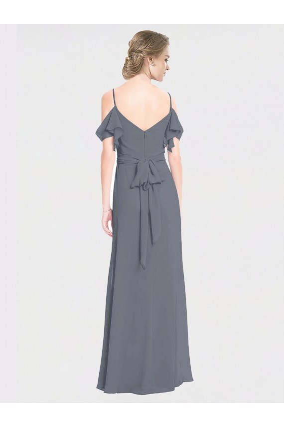 Schiefergrau A-Linien Off-Schulter V-Ausschnitt Chiffon Lange Brautjungfernkleider Hersteller