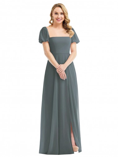 Schiefergrau A-Linien Quadrat Ausschnitt Chiffon Lange Brautjungfernkleider Hersteller
