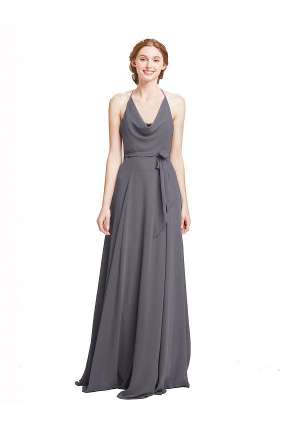 Schiefergrau A-Linien Spaghetti-Träger Neckholder Chiffon Lange Brautjungfernkleider Hersteller
