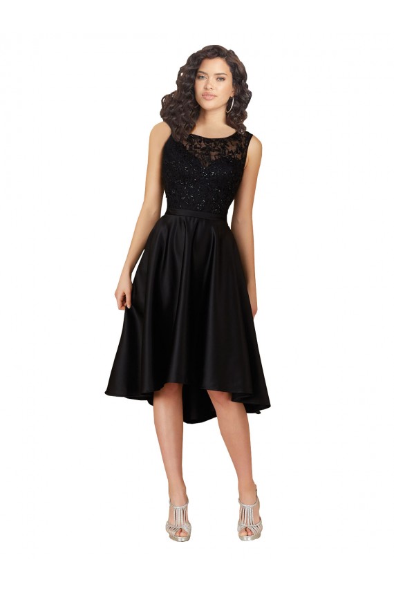 Schwarz A-Linien Illusion Ausschnitt Midi Satin Spitze Kurze Brautjungfernkleider / Cocktailkleider / Heimkehr Kleider Hersteller
