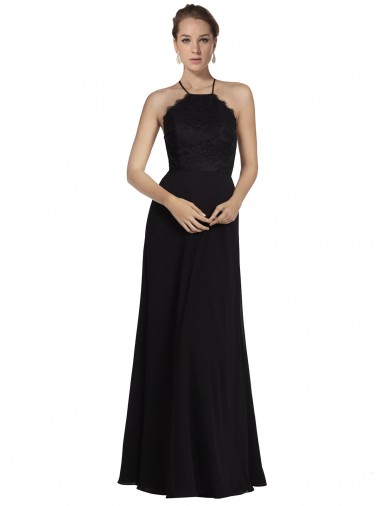 Schwarz A-Linien Neckholder Chiffon Spitze Lange Brautjungfernkleider Hersteller