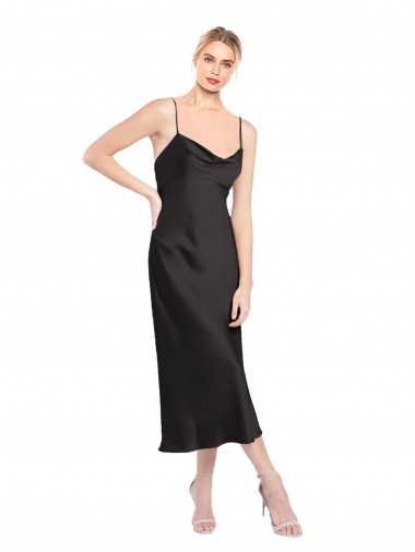 Schwarz A-Linien Spaghetti-Träger Haube Ausschnitt Midi Stretch-Satin Kurze Formale Brautjungfernkleider / Abendkleider / Abiballkleider / Cocktailkleider / Heimkehr Kleider Hersteller
